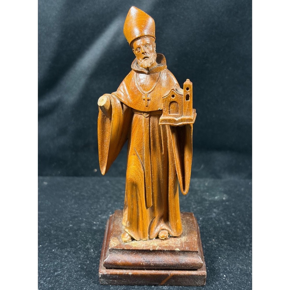 Vintage Hand Carved Wood Saint Bishop Figurine Holding Church Religious Folk Art